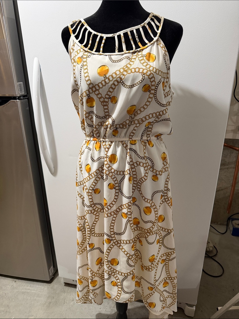 BCBG Cream Midi Dress with Gold Chain Print
